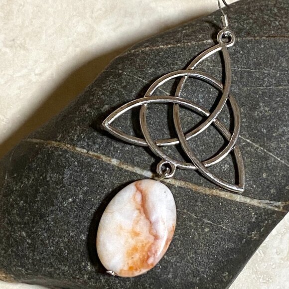 2/$20, Genuine Red Vein Marble Celtic Trinity Sterling Silver Dangle Earrings - Picture 5 of 9